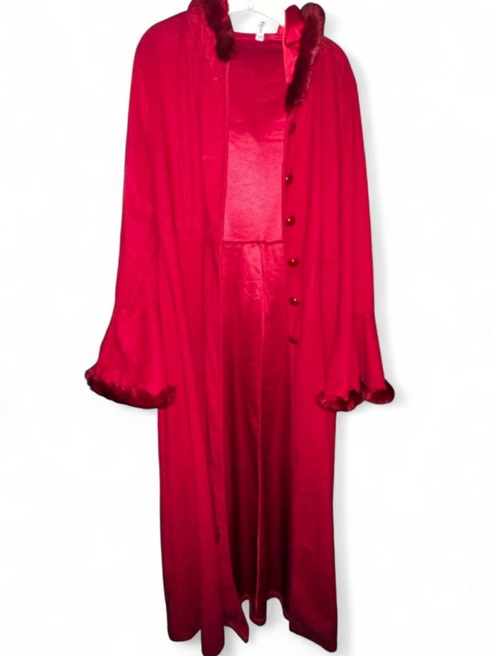 Luxury Red Long Fleece Robe with Faux Fur Trim Bell Sleeves size 2XL Halloween